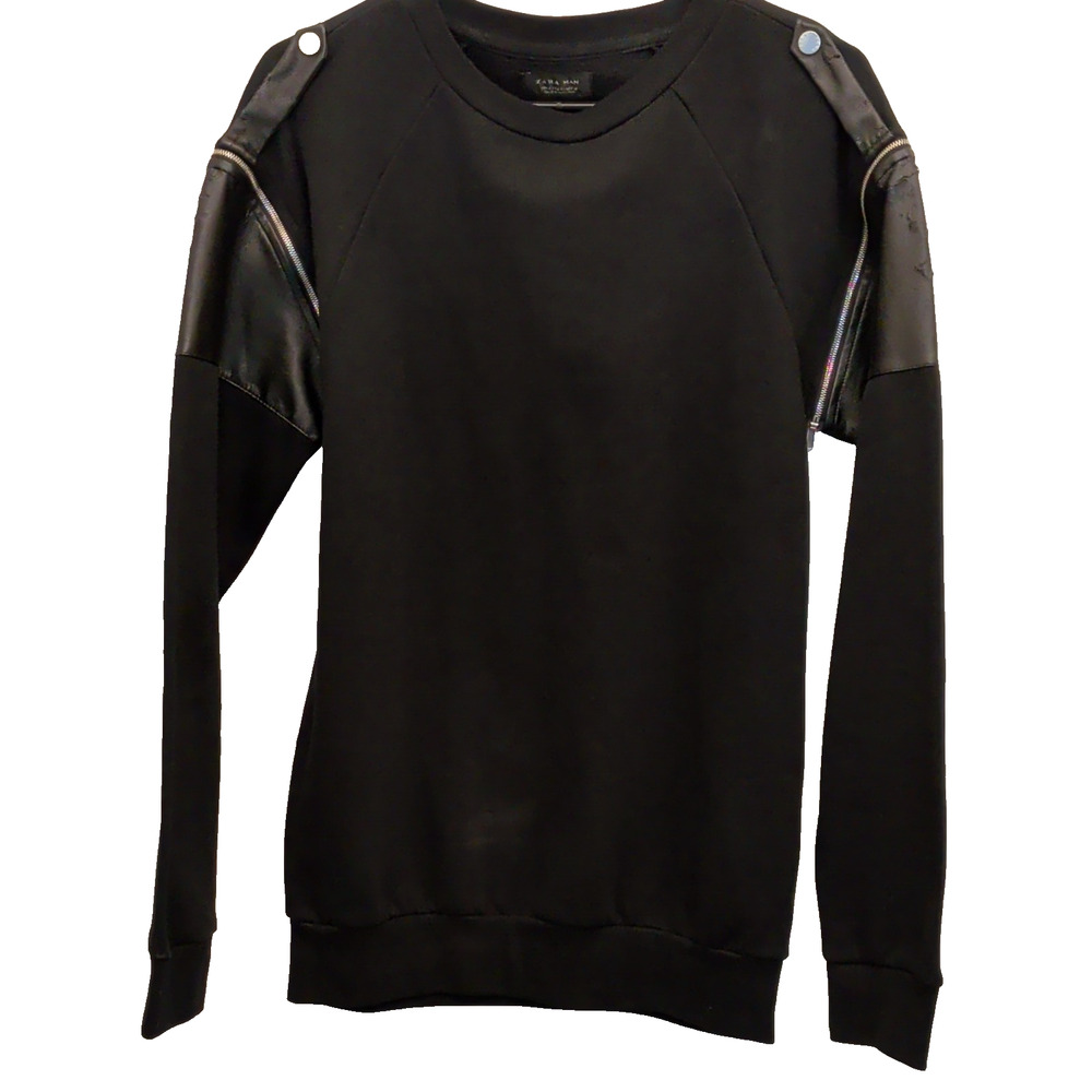 Zara Man Mens Crewneck Sweatshirt Black Moto Grunge Faux Leather Zip *AS IS